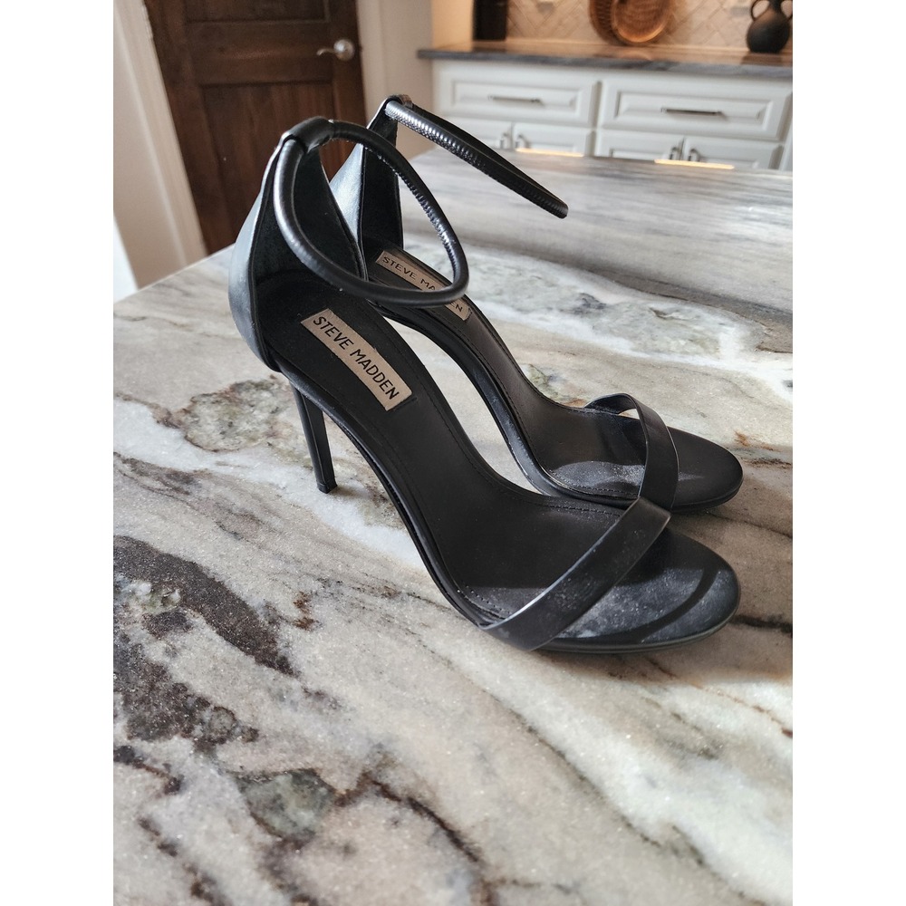 Steve Madden Stecy Black Minimalist Ankle Strap Stiletto Heel Sandals 8.5M